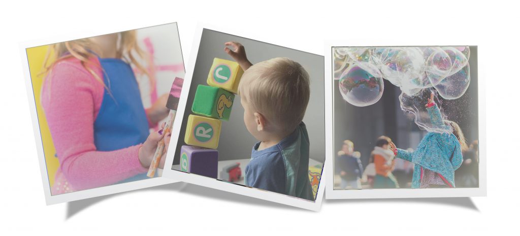 picture of girl painting, boy playing with blocks and girl play with bubbles
